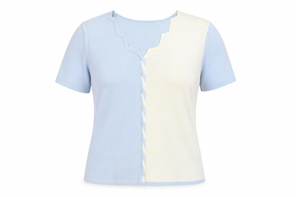 Front view of Roman Originals Women’s Blue & Ivory Knit Top Small Short Sleeve Colourblock
