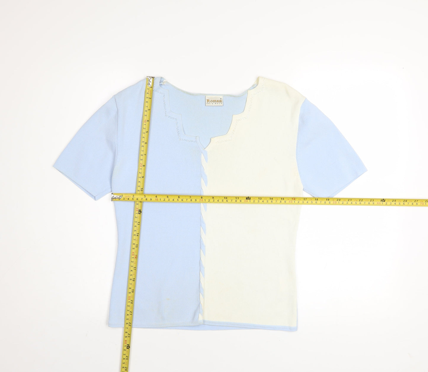 Roman Originals Women’s Blue & Ivory Knit Top Small Short Sleeve Colourblock