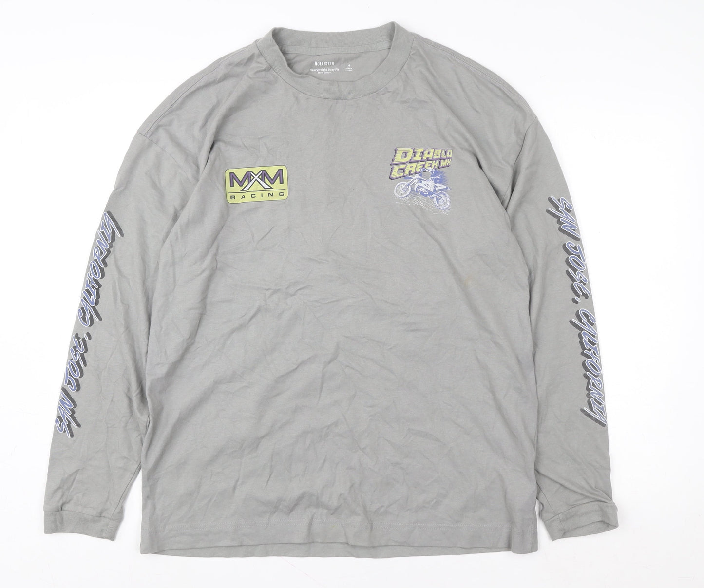 Hollister Men’s Grey Long Sleeve Graphic Racing Cotton T-Shirt M