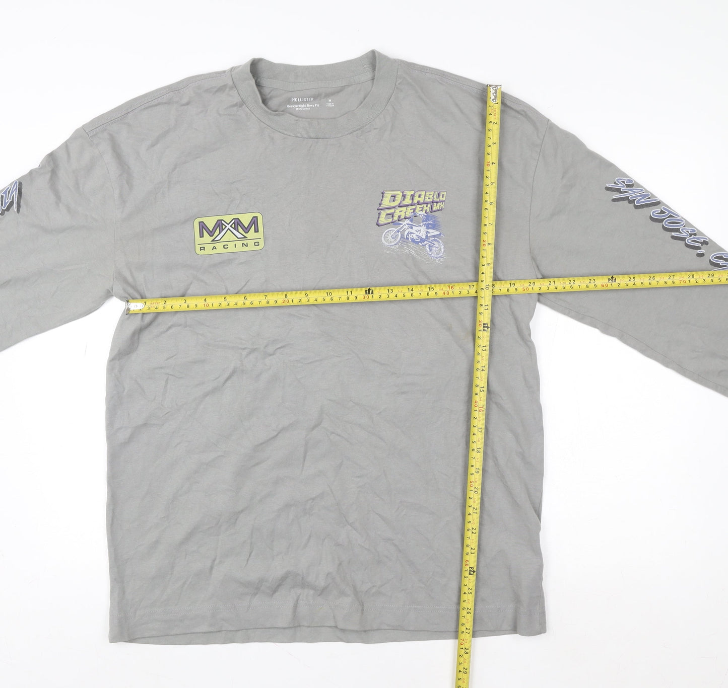 Hollister Men’s Grey Long Sleeve Graphic Racing Cotton T-Shirt M