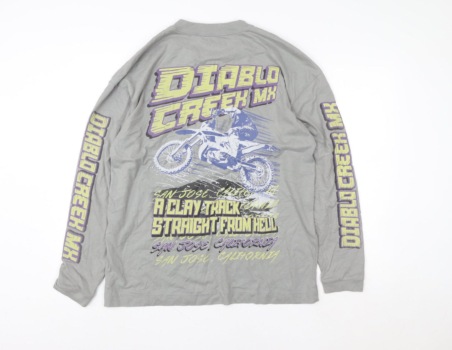 Hollister Men’s Grey Long Sleeve Graphic Racing Cotton T-Shirt M