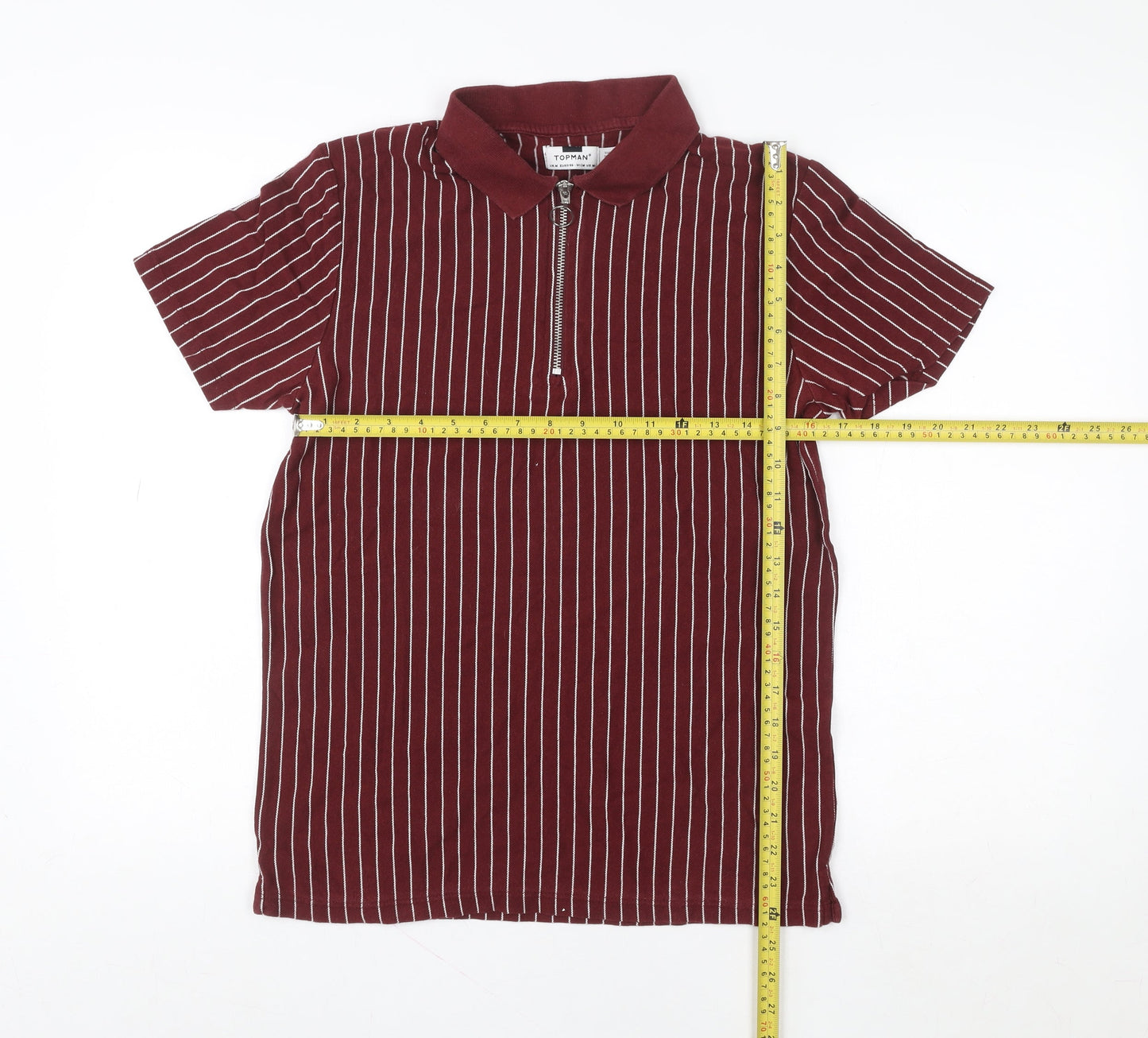 Topman Men's Red Striped Collared Zip Short Sleeve T-Shirt Size M