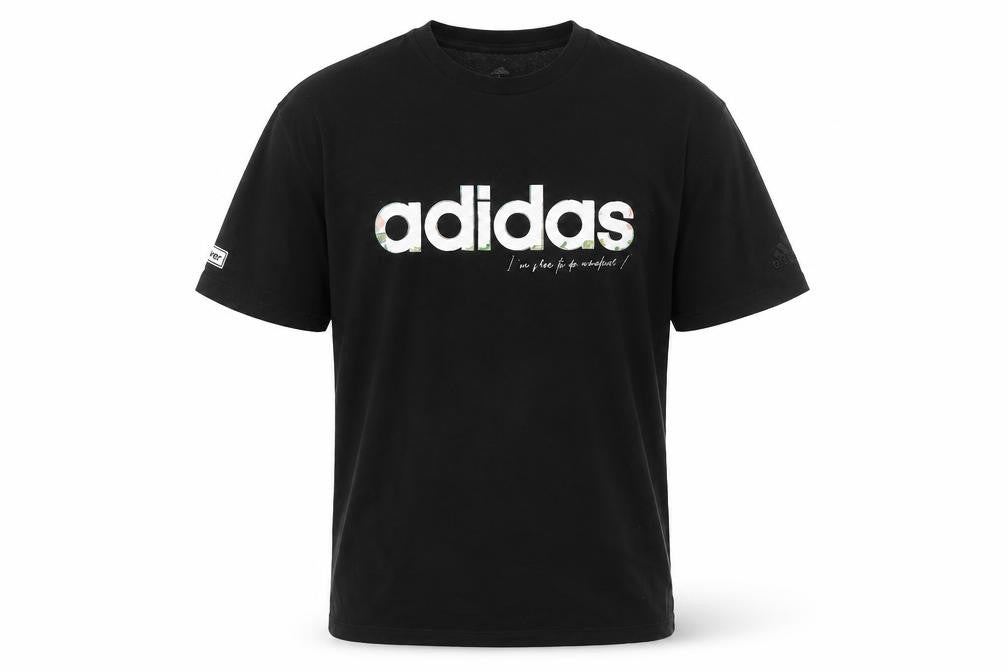 Front view of Adidas men’s black large logo graphic sports t-shirt