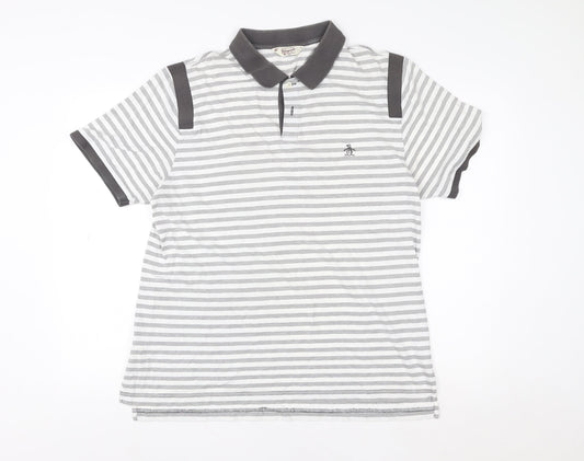 Original Penguin Men’s Grey Striped Polo Shirt XL Pima Cotton