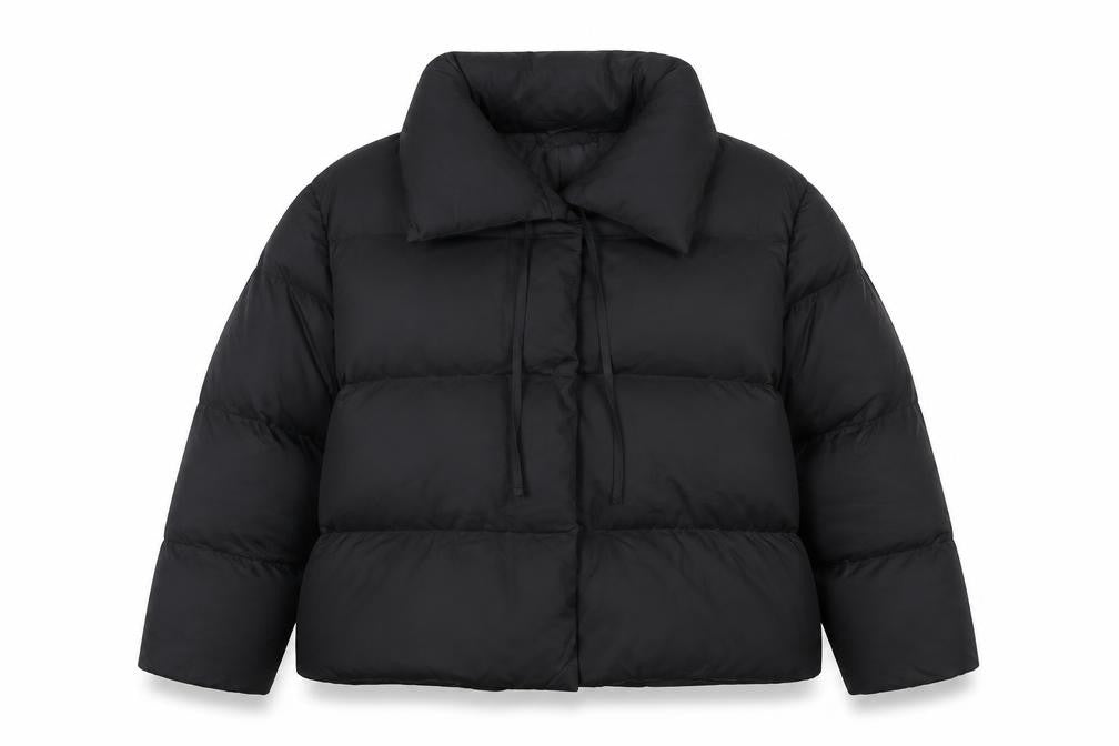 Front view of In The Style Women’s Black Cropped Puffer Jacket, size UK 20, Winter Coat