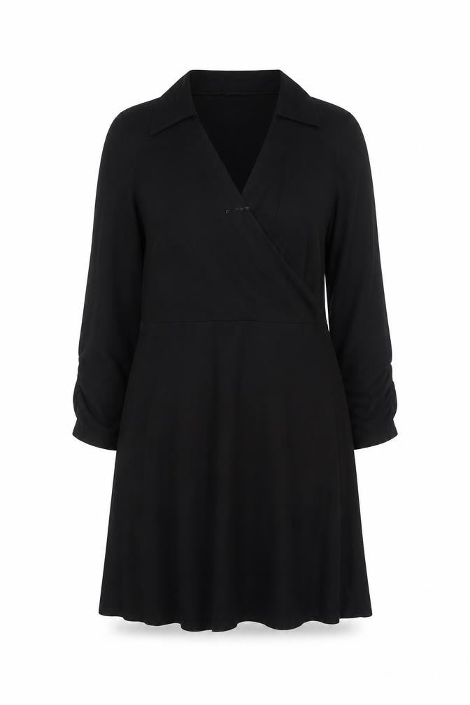 Front view of Roman Women Black Knee Length Wrap Dress, size 10, Long Sleeve Stretch
