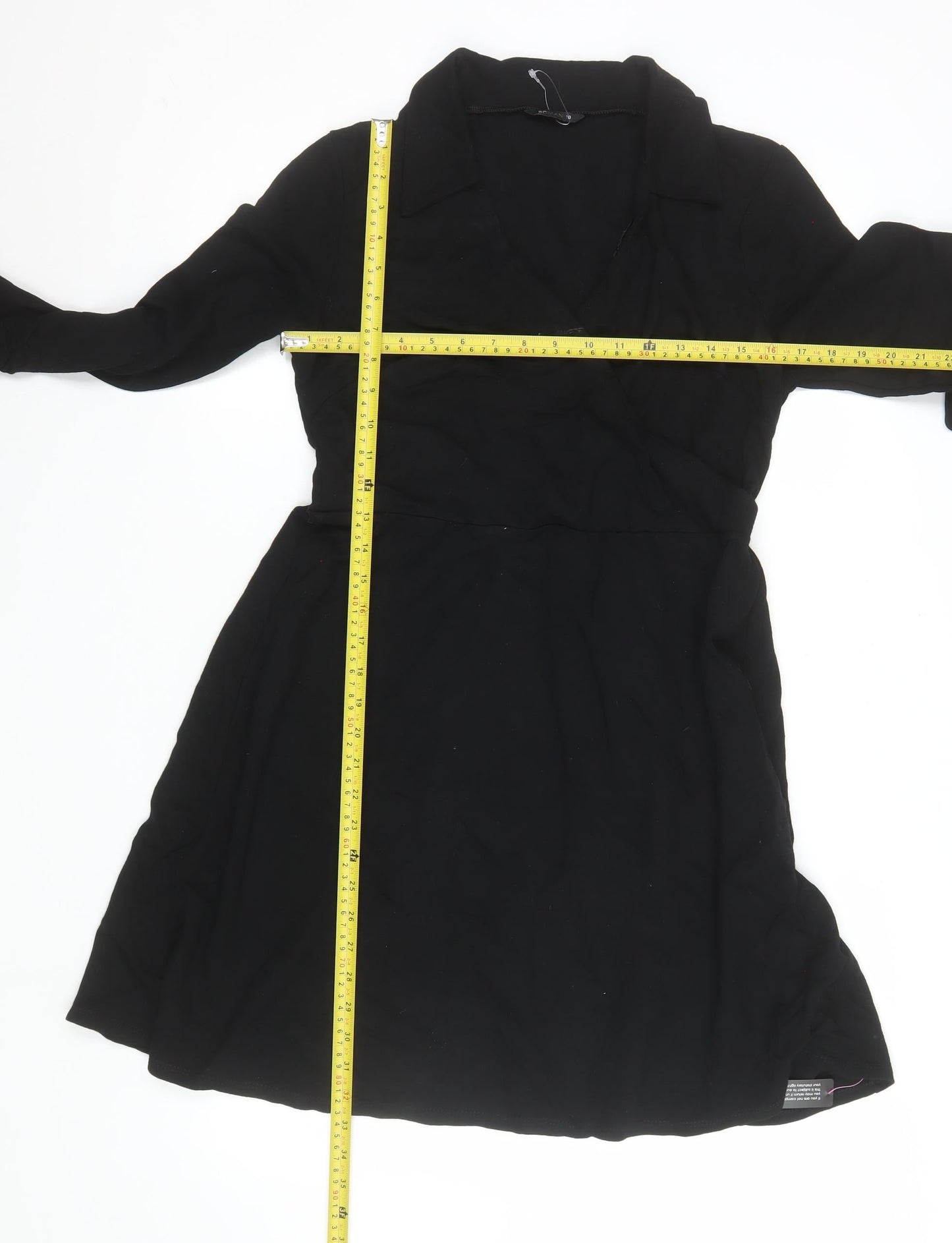Roman Women Black Knee Length Wrap Dress Size 10 Long Sleeve Stretch