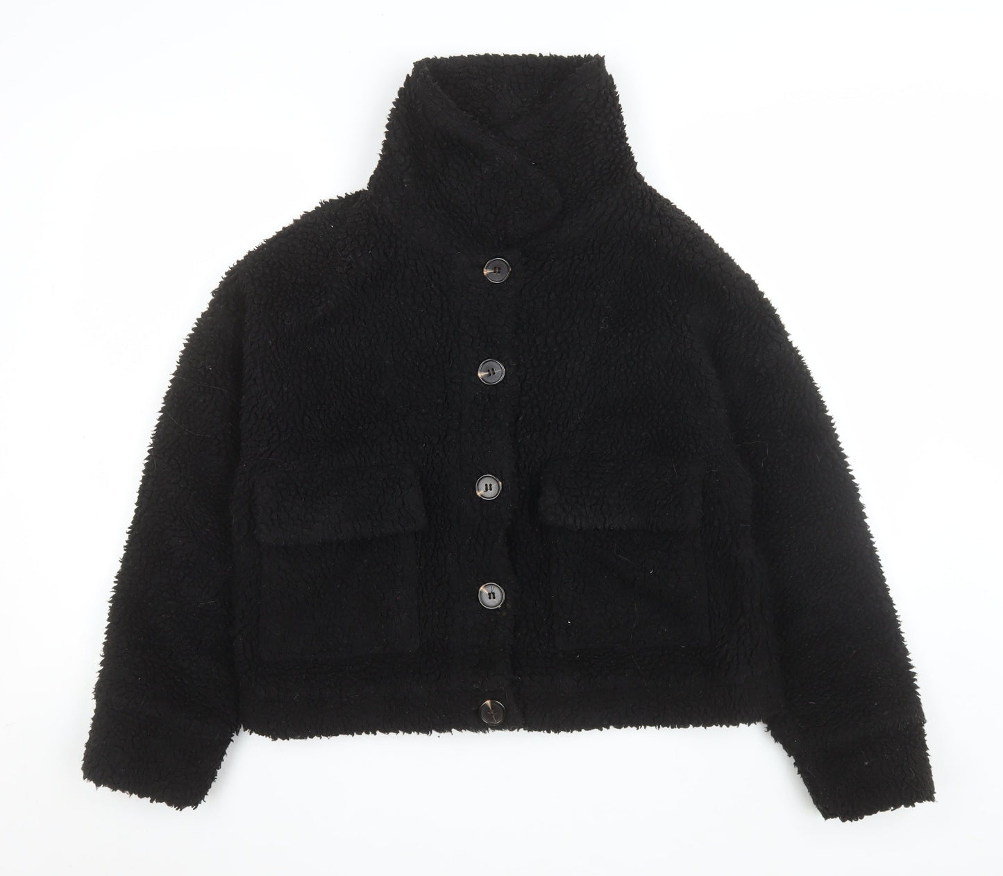 Missguided Women's Black Teddy Fleece Button Up Short Jacket Size 8