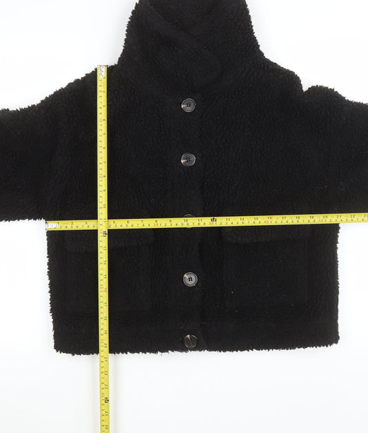 Missguided Women's Black Teddy Fleece Button Up Short Jacket Size 8