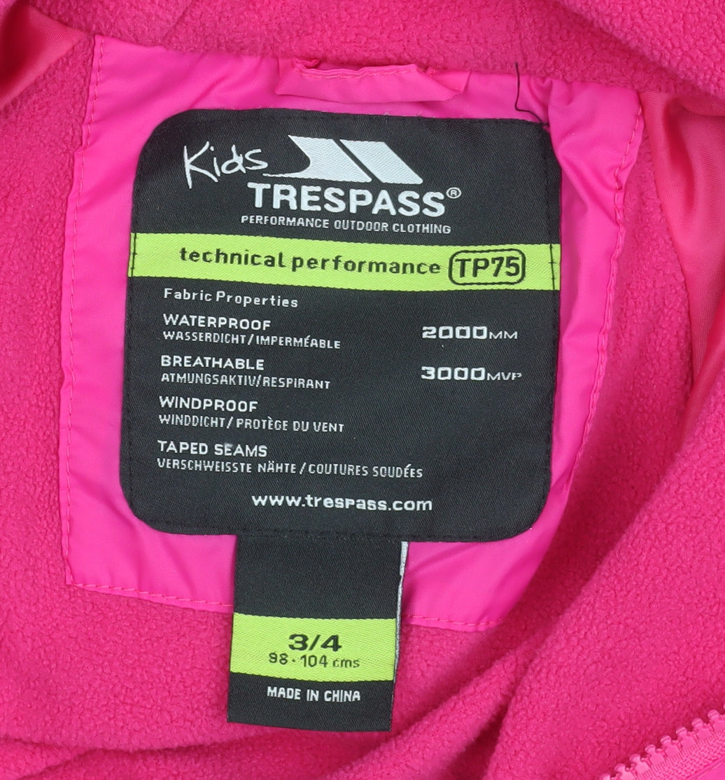 Trespass Girls Pink Waterproof Hooded Jumpsuit 3-4 Years Breathable All-in-One