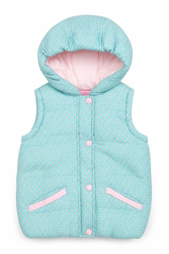 Front view of John Lewis girls’ green floral hooded puffer waistcoat age 6 years