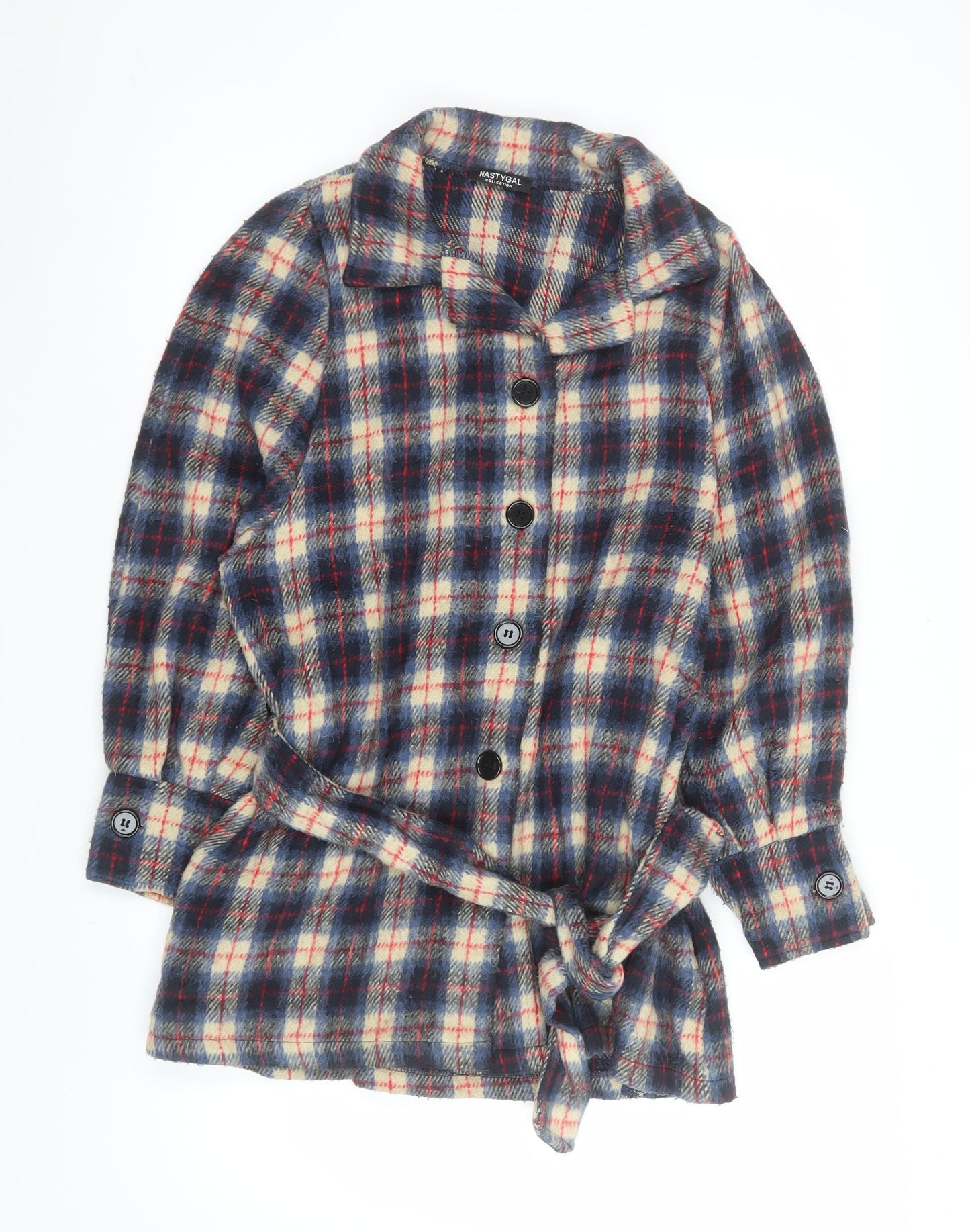 Nasty Gal Women's Blue Check Belted Flannel Jacket Size 8
