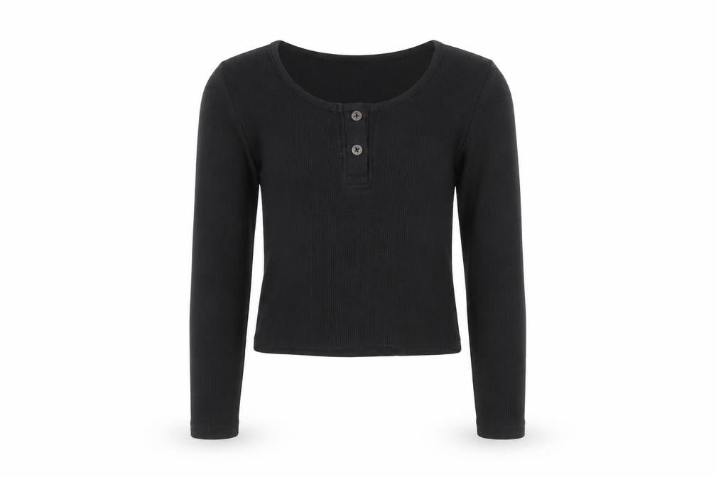 Front view of Miss E-Vie girls’ black long sleeve cropped button t-shirt 9-10 years