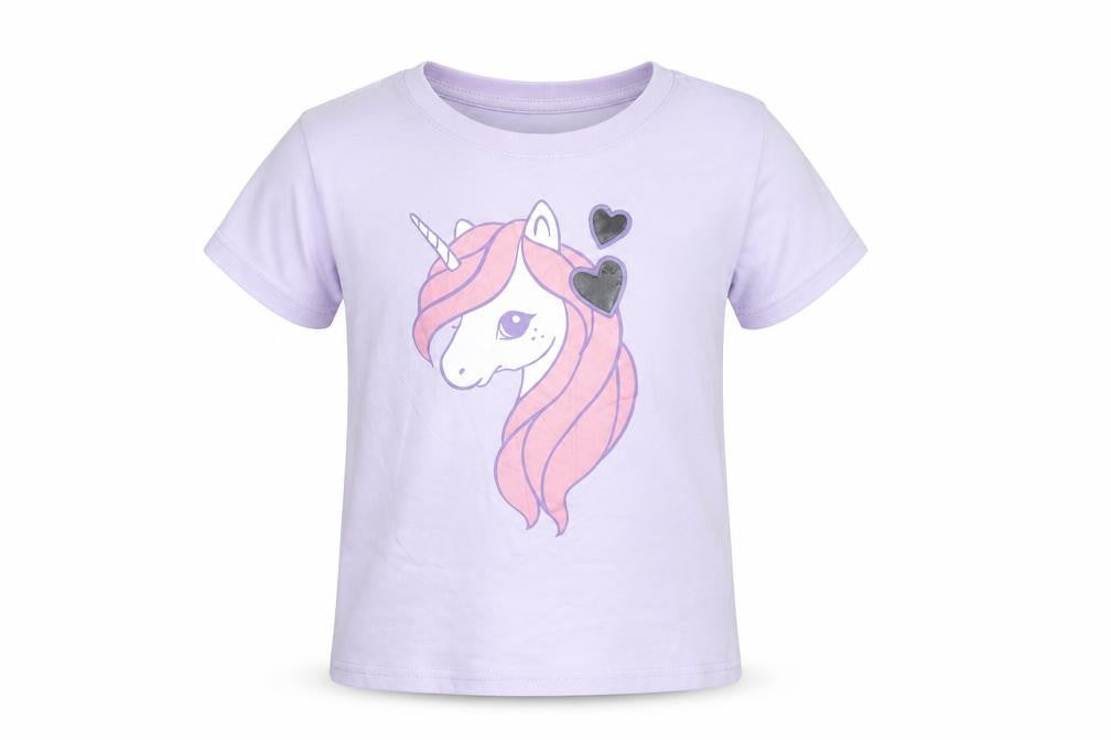Front view of H&M girls’ purple unicorn graphic t-shirt 4-6 years short sleeve cotton