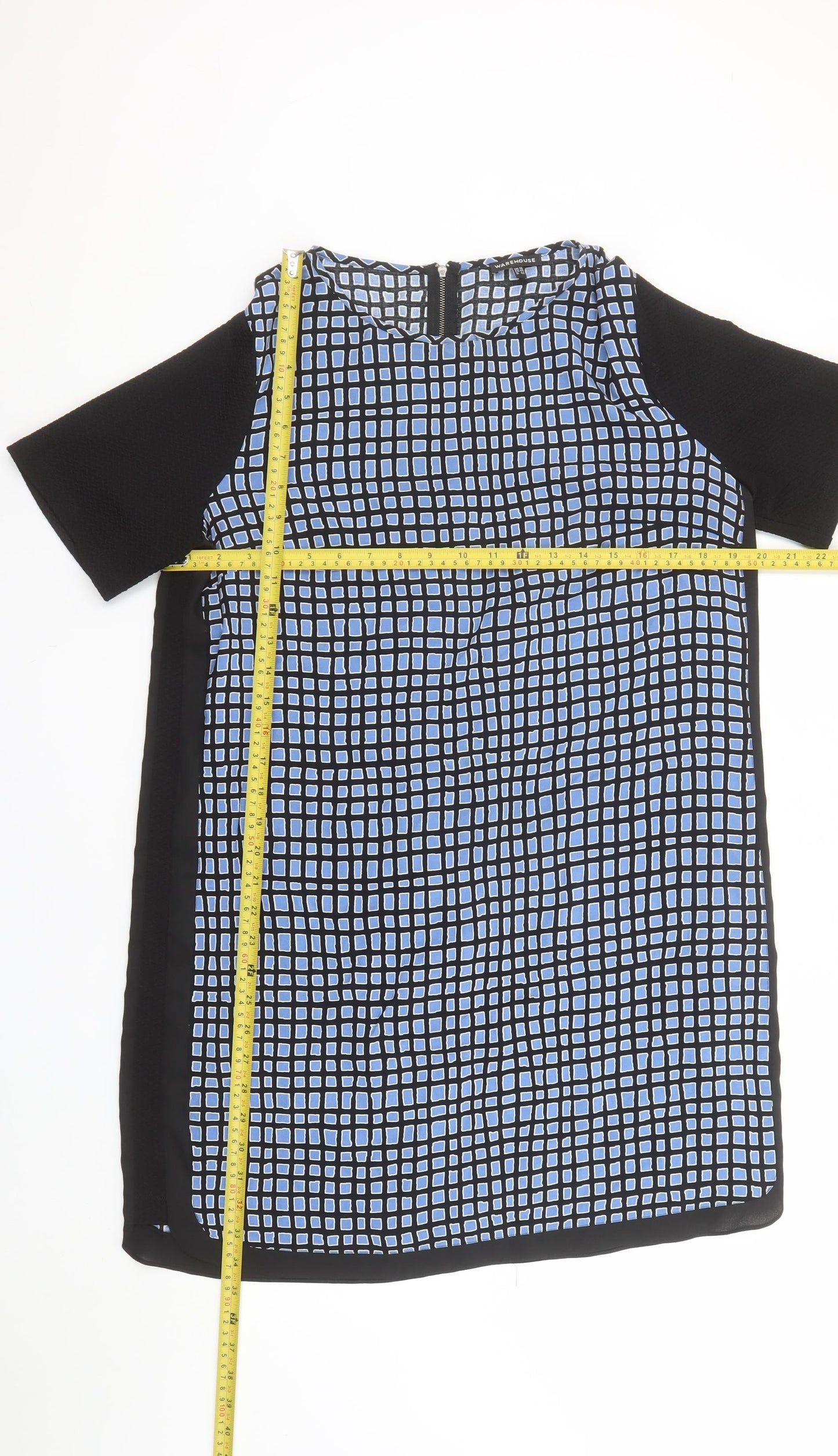 Warehouse Women Blue Geometric Shift Dress Size 16 Short Sleeve