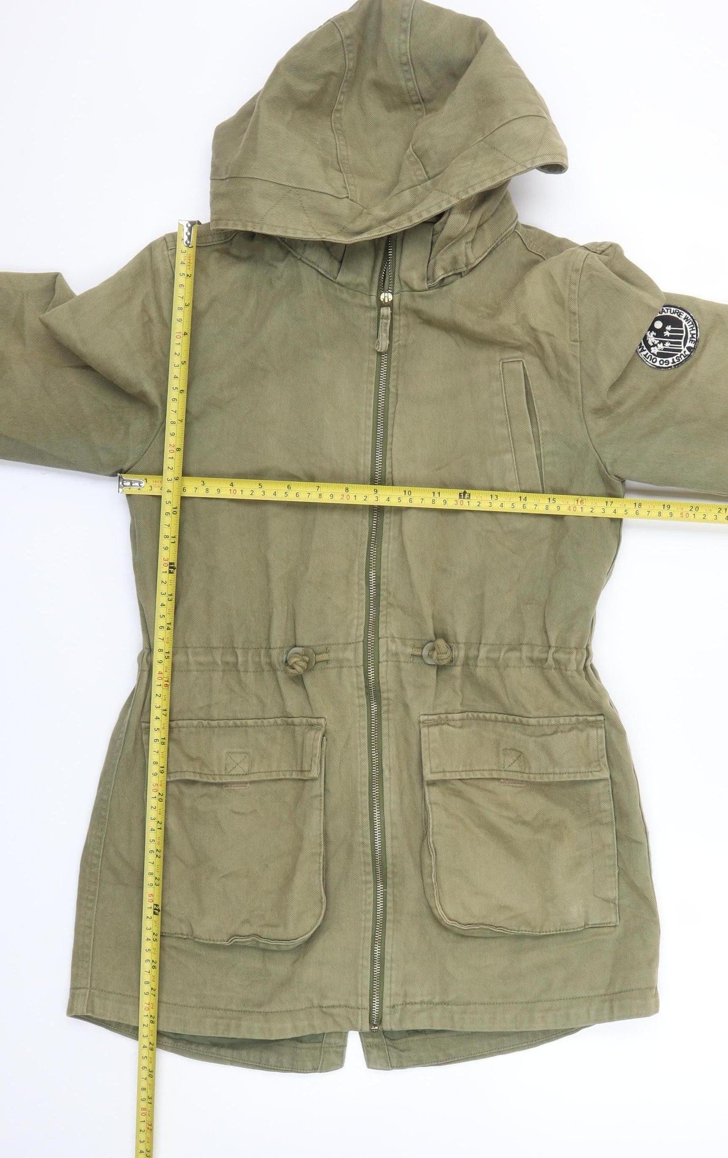 H&M Girls Green Cotton Hooded Parka Coat 14-15 Years Zip Pockets Casual