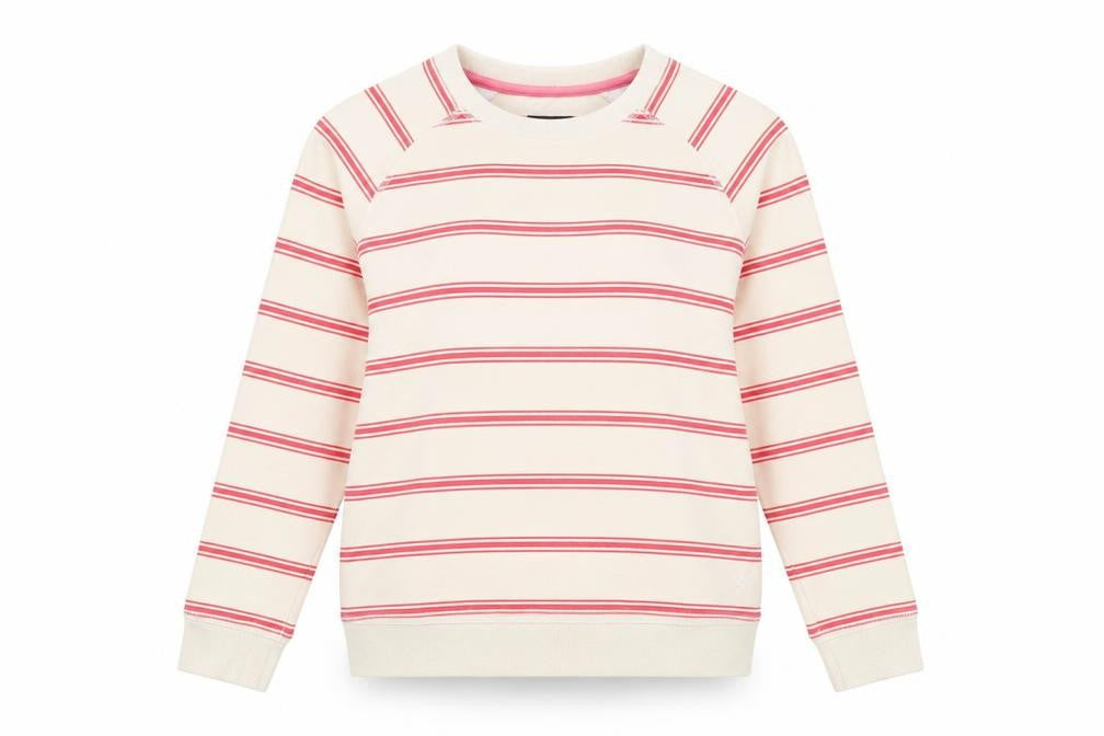 Front view of Crew Clothing women’s beige striped cotton pullover sweatshirt, size UK 10