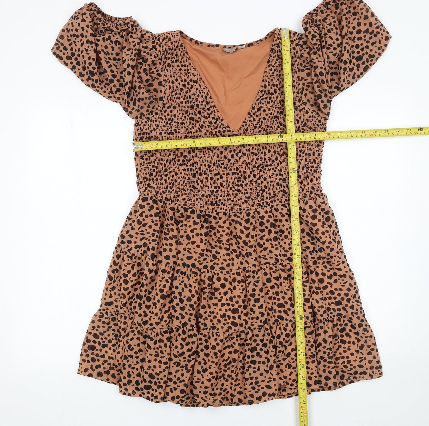 ASOS Women Brown Animal Print V-Neck Puff Sleeve Short Dress UK 10
