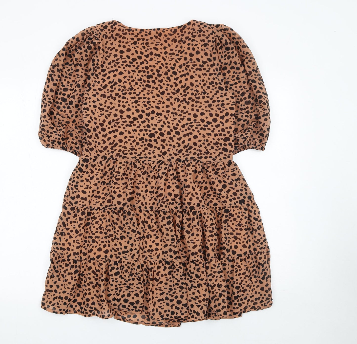 ASOS Women Brown Animal Print V-Neck Puff Sleeve Short Dress UK 10