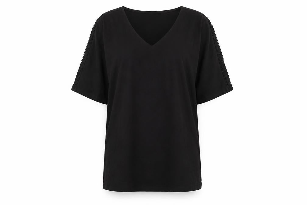 Suzanne Grae Women’s Black V-Neck Crochet Sleeve T-Shirt XL