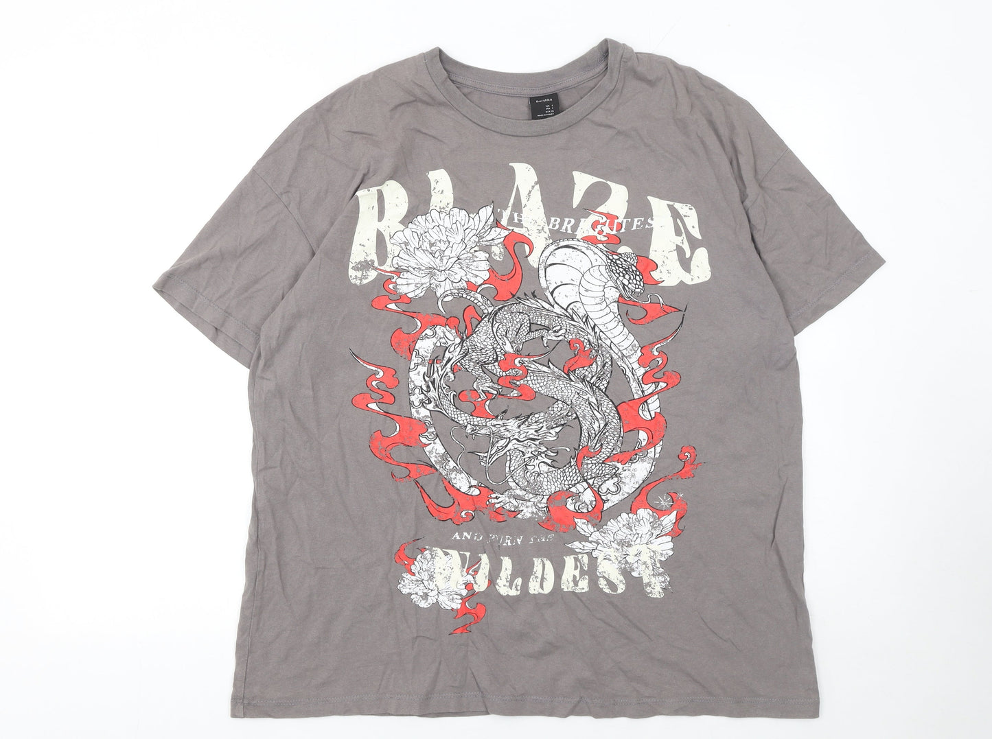 Bershka Men's Grey Dragon Graphic Short Sleeve T-Shirt Size S
