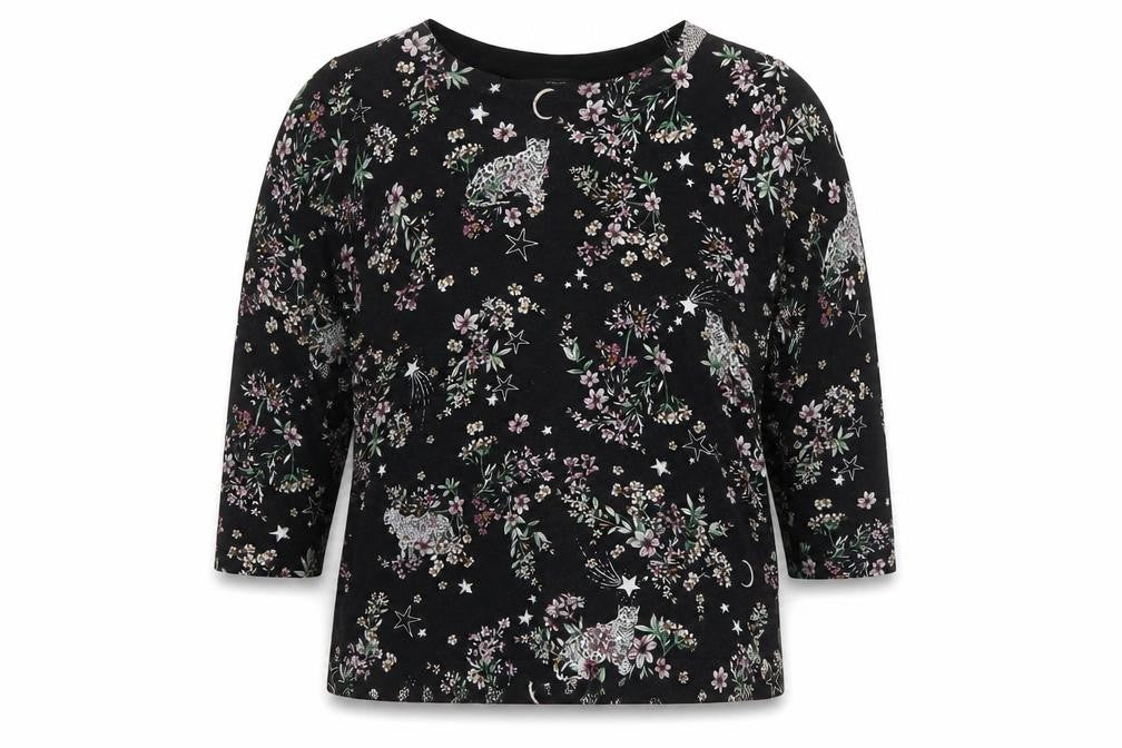 Next Womens Black Floral Animal Print 3/4 Sleeve Jersey T-Shirt Size 14