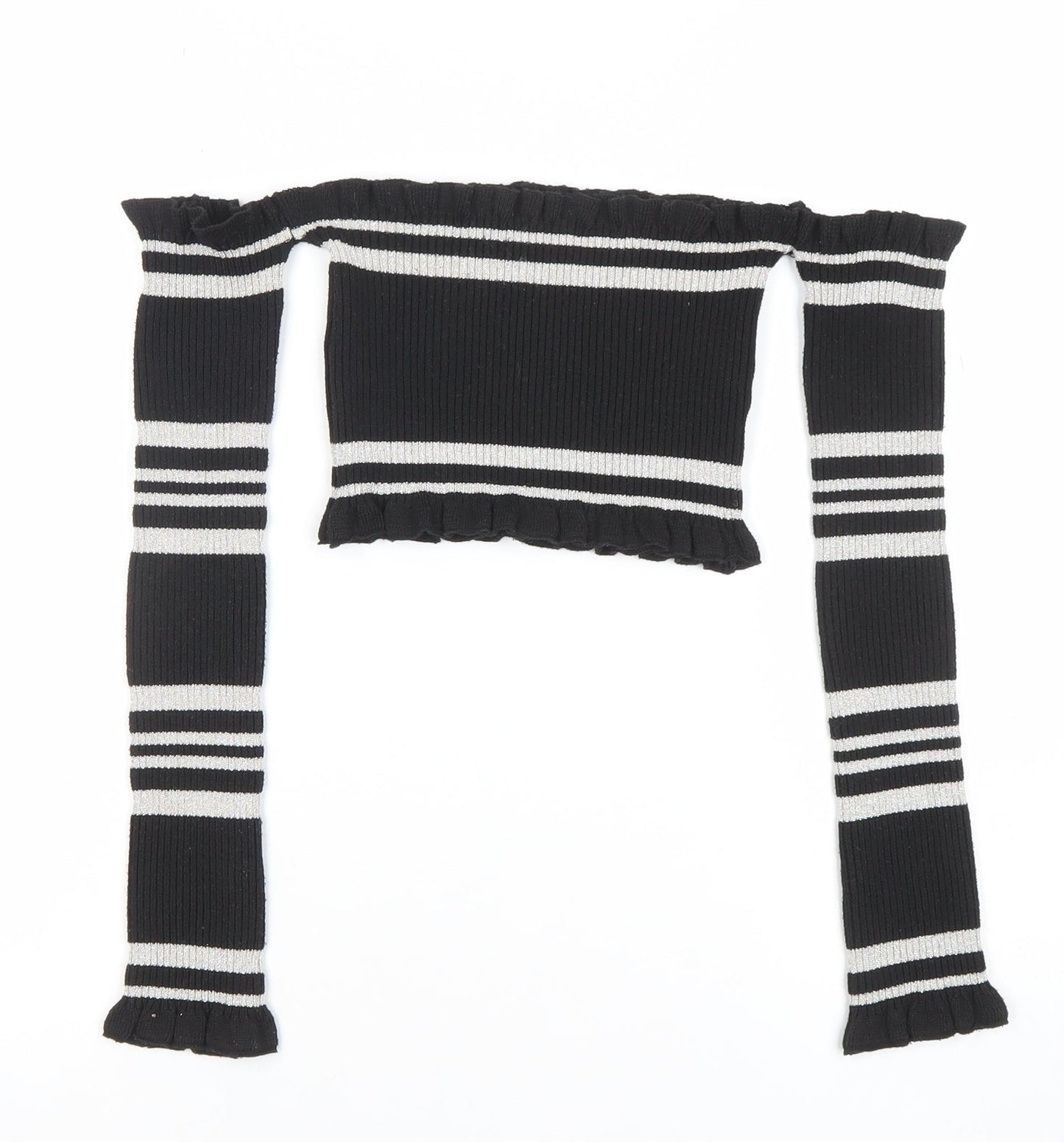 PrettyLittleThing Women’s Black Striped Off Shoulder Cropped Top Size 8