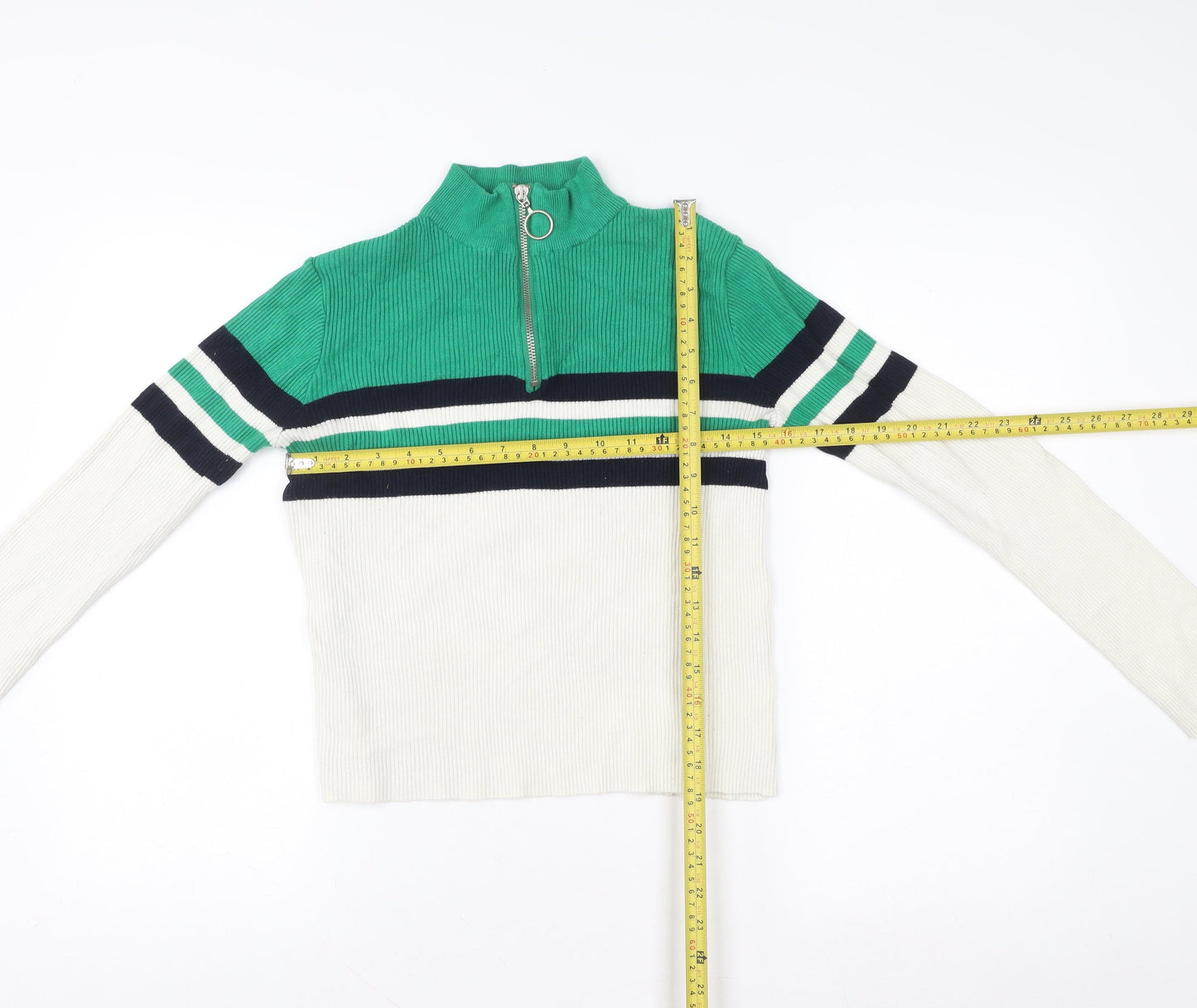 Urban Outfitters Women Green White Stripe 1/4 Zip Sweatshirt M