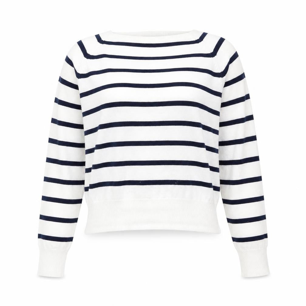 French Connection Women White Blue Striped Pullover Sweatshirt M