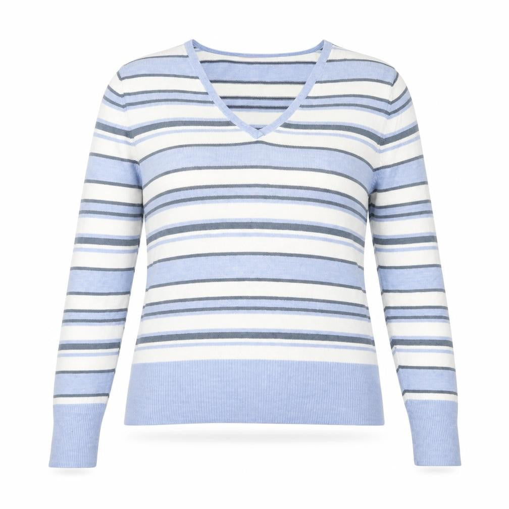 Front view of Papaya Women's Blue Striped V-Neck Pullover Sweater, size 16