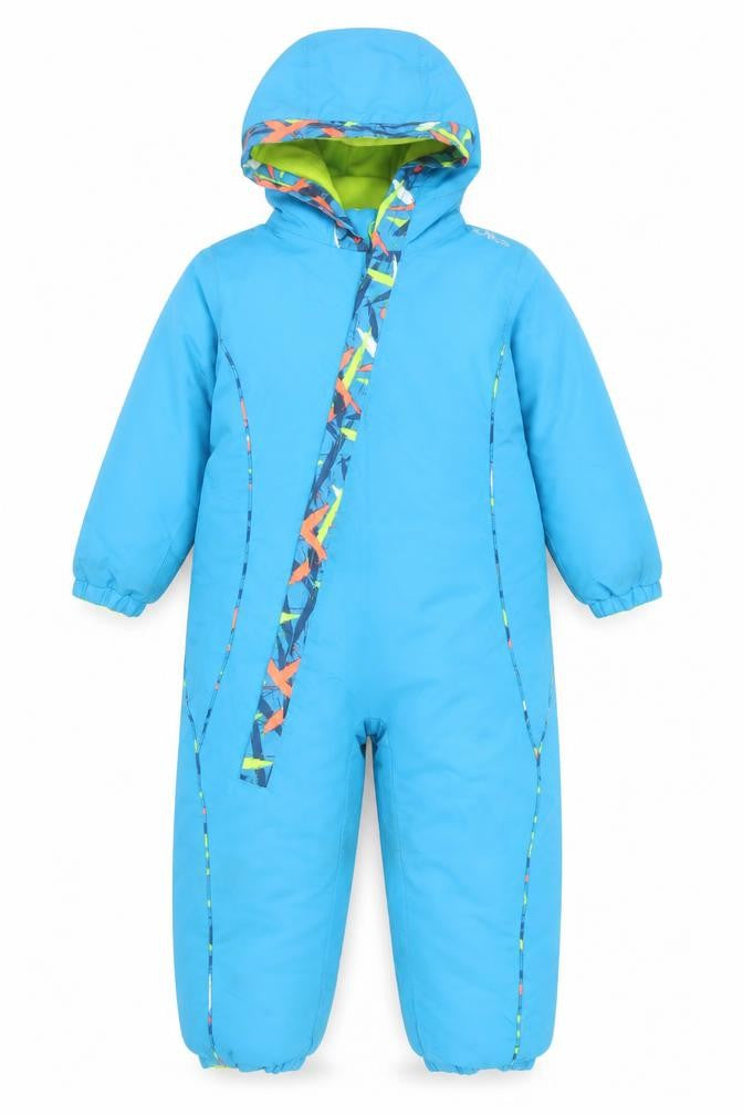 Front view of CMP boys’ blue waterproof insulated ski snowsuit 4 years hooded winter outerwear
