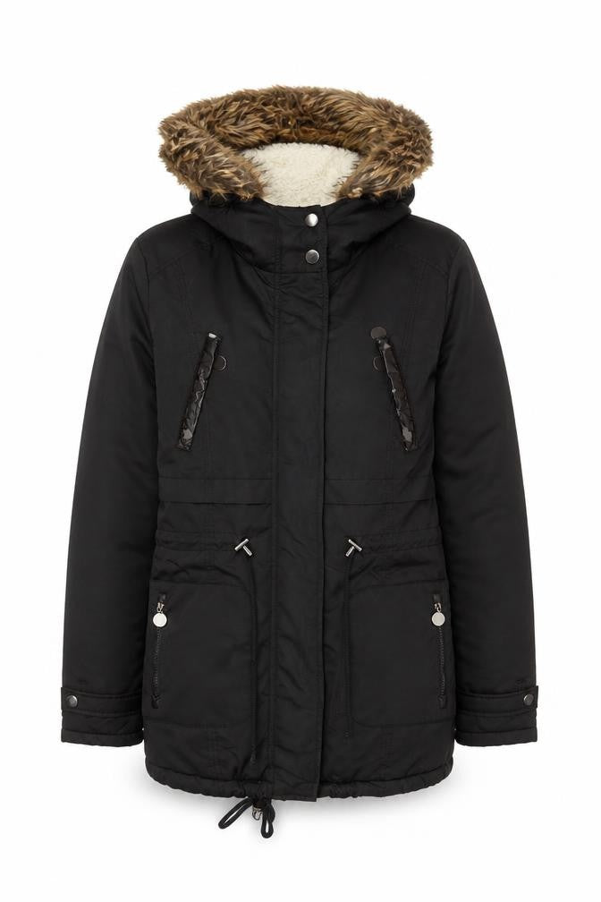 Z Design Women's Black Padded Parka Jacket with Faux Fur Hood Size S