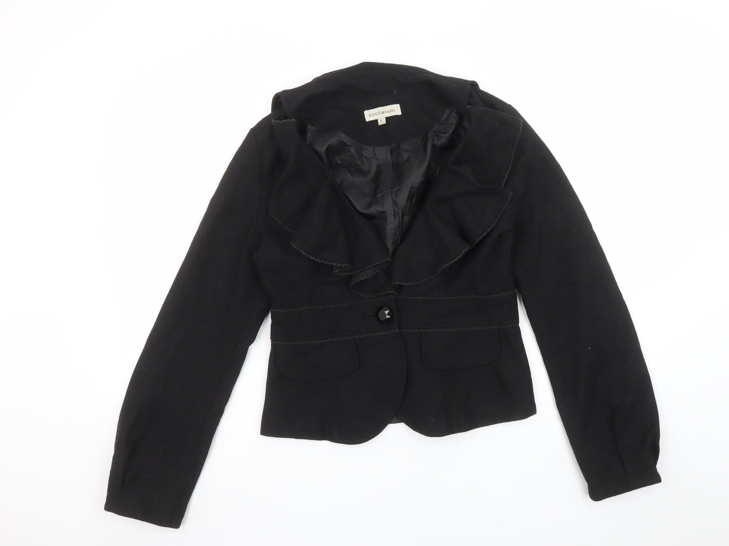 COCO & Tashi Women's Black Wool Blend Ruffle Blazer Jacket L