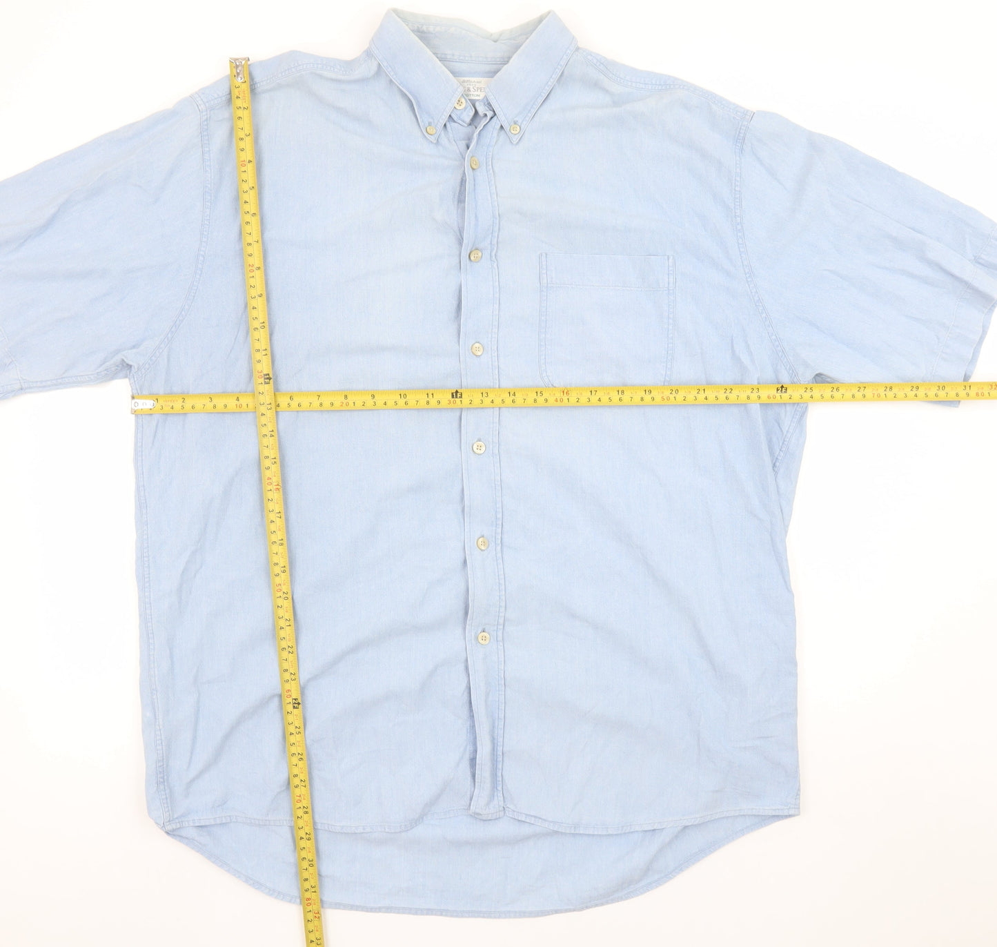 Marks and Spencer St Michael Men's Blue Short Sleeve Button-Up Shirt L