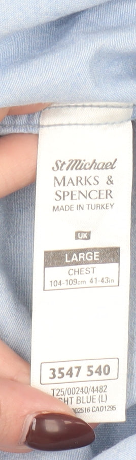 Marks and Spencer St Michael Men's Blue Short Sleeve Button-Up Shirt L
