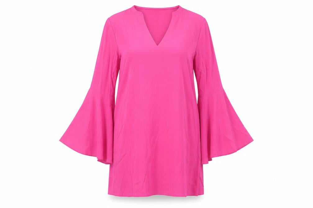 Topshop Women Pink Long Bell Sleeve V-Neck Shift Dress Size 14