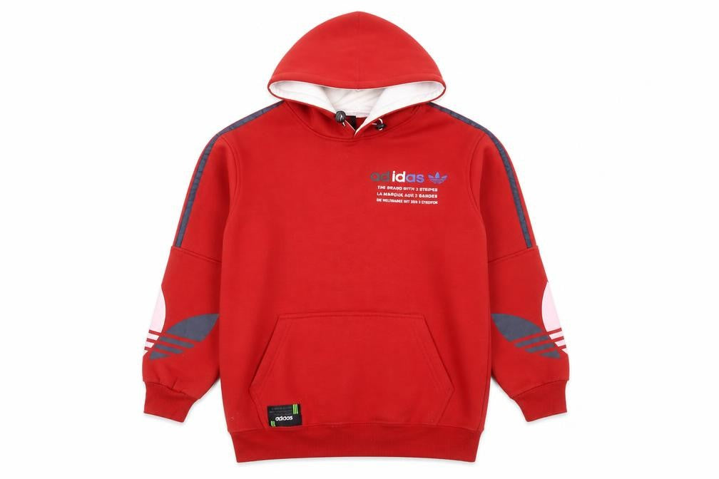 Front view of Adidas boys’ red pullover hoodie l fleece lined sports sweatshirt