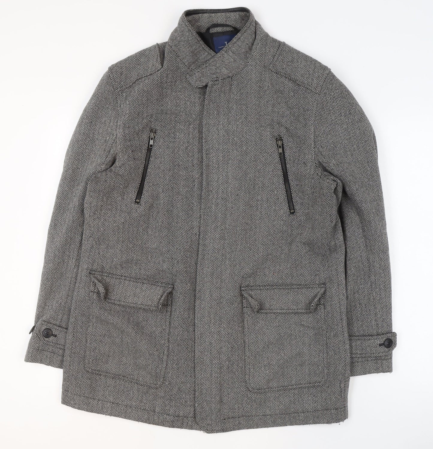 Jasper Conran Men's Grey Wool Blend Herringbone Mid-Length Jacket M