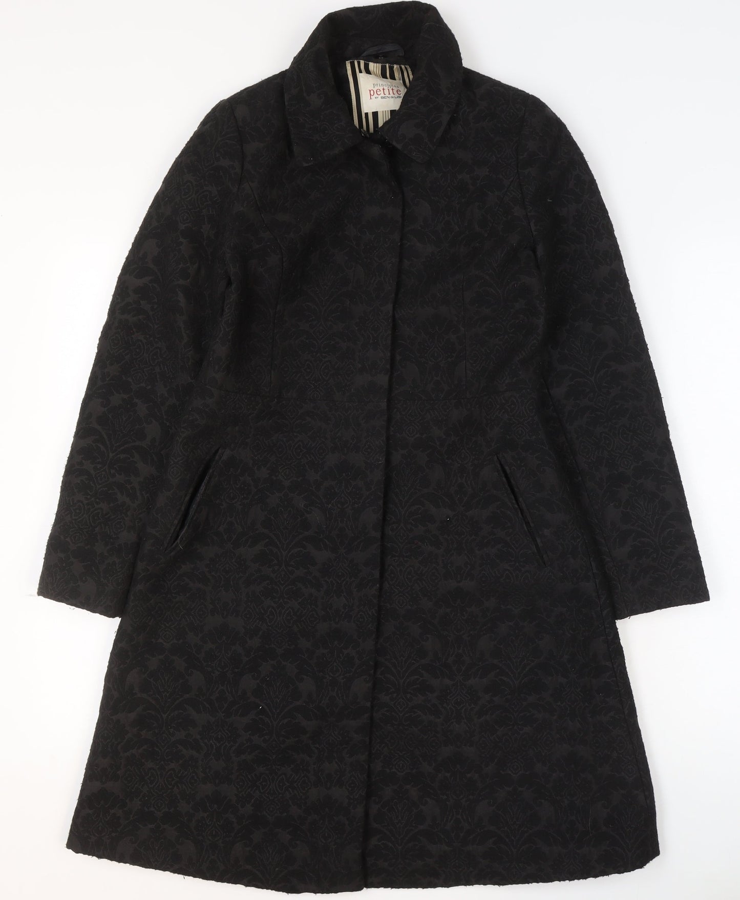Principles Petite by Ben de Lisi Women's Black Floral Jacquard Long Coat Size 8