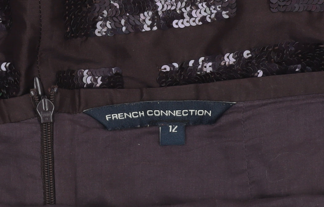French Connection Women's Brown Sequin Silk Knee Length Pencil Skirt Size 12