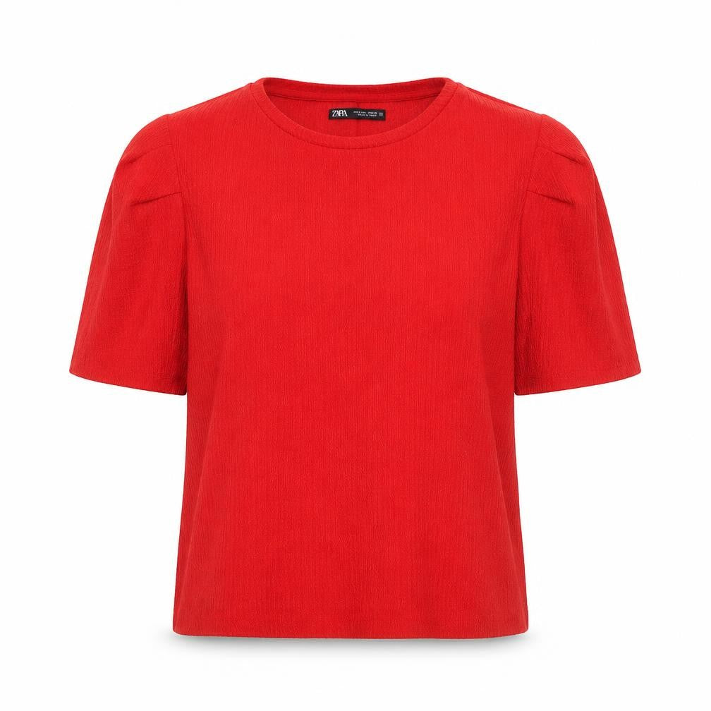 ZARA Women Red Short Sleeve Crew Neck Textured T-Shirt Size L