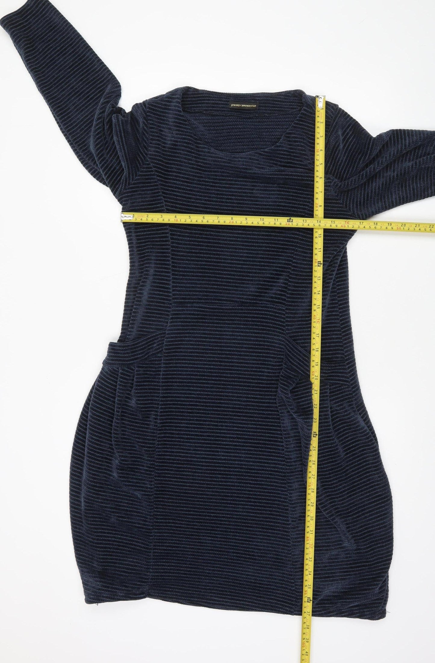 Golden Spiderweb Women's Blue Striped Velour Shift Dress XS