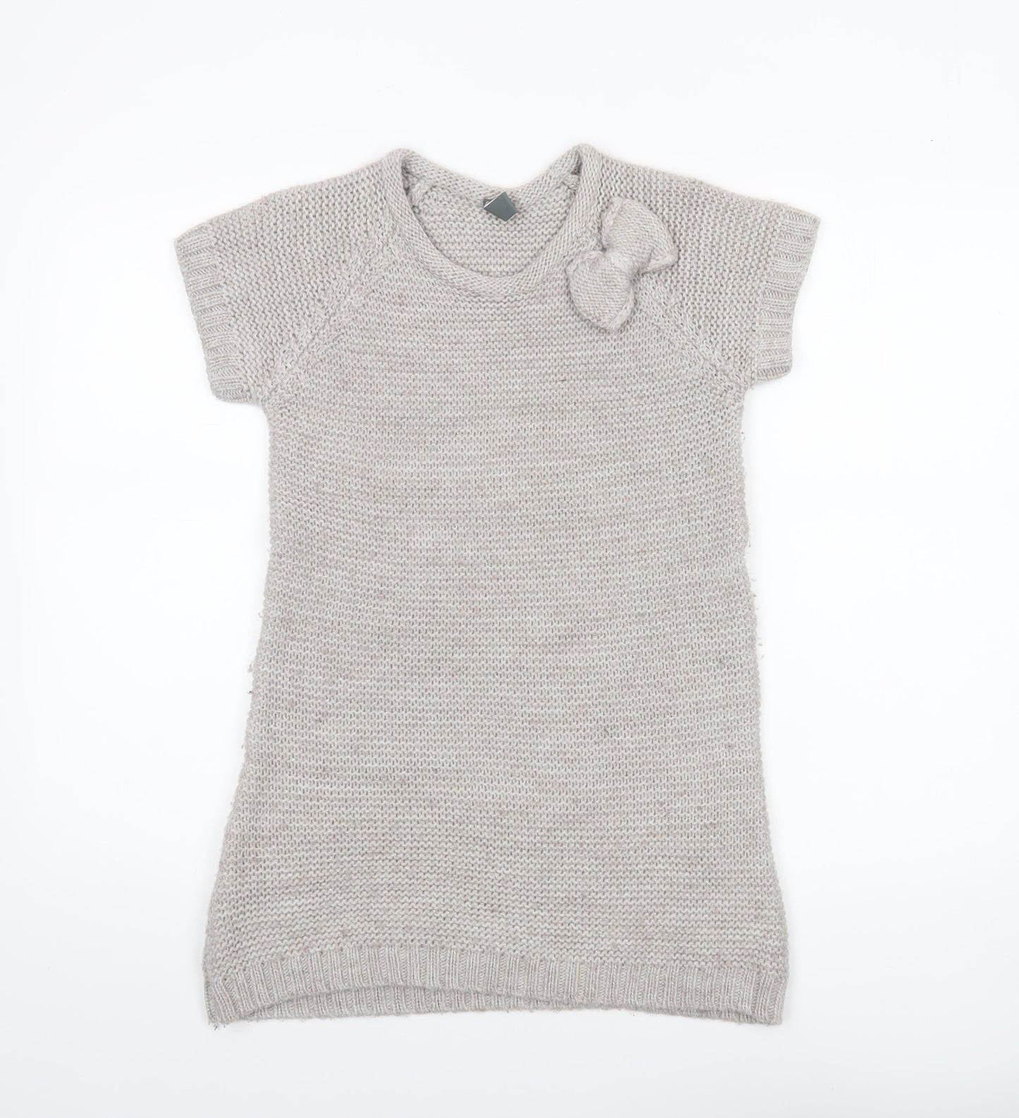 Zara Girls Beige Knit Sweater Dress 13-14 Years Bow Accent Short Sleeve