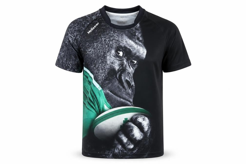 Front view of McKeever boys’ black rugby gorilla graphic short sleeve jersey t-shirt 13 years