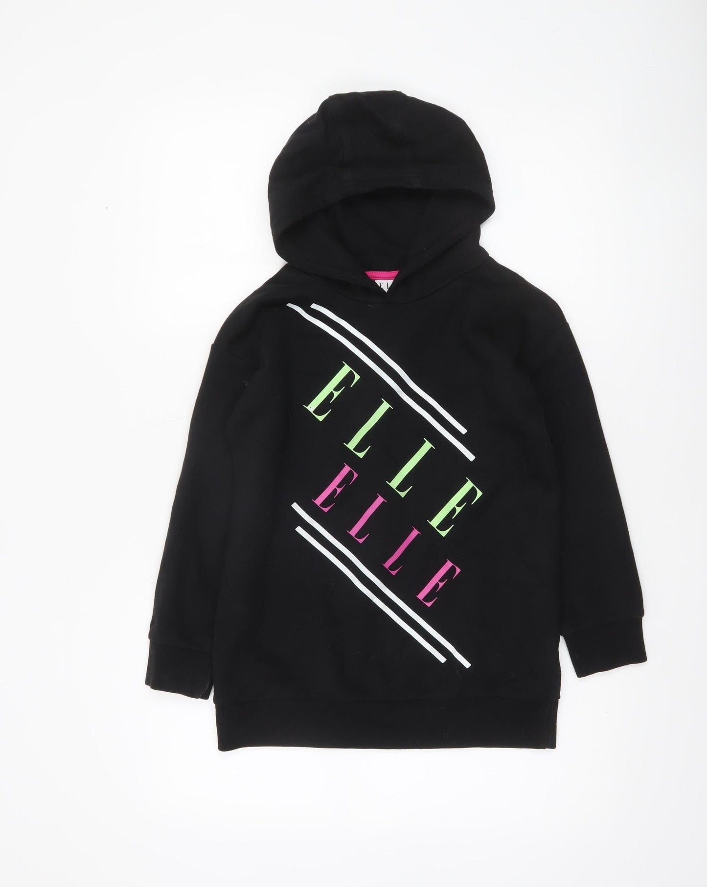 Elle Girls Black Hooded Pullover Hoodie 8-9 Years Logo Print Cotton Blend