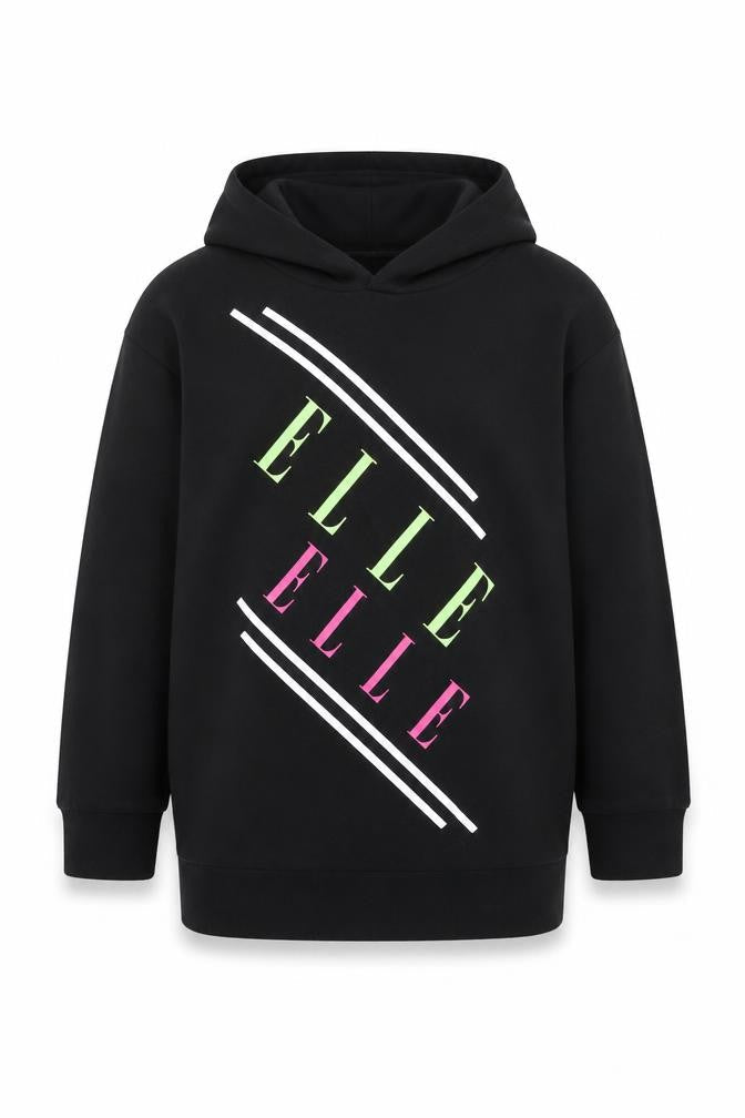ELLE Girls Black Hooded Pullover Hoodie 8-9 Years Logo Print Cotton Blend