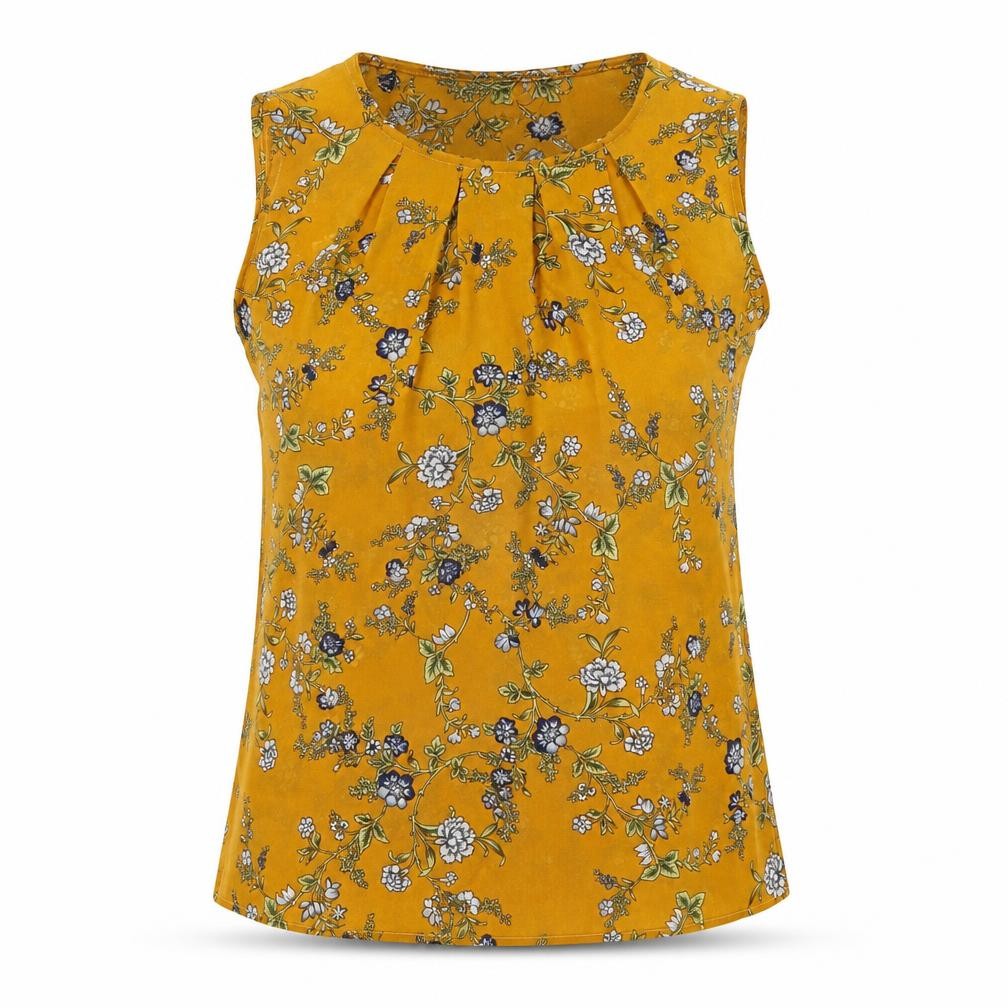 Tenki Women Yellow Floral Sleeveless Blouse M Woven Pleated Top