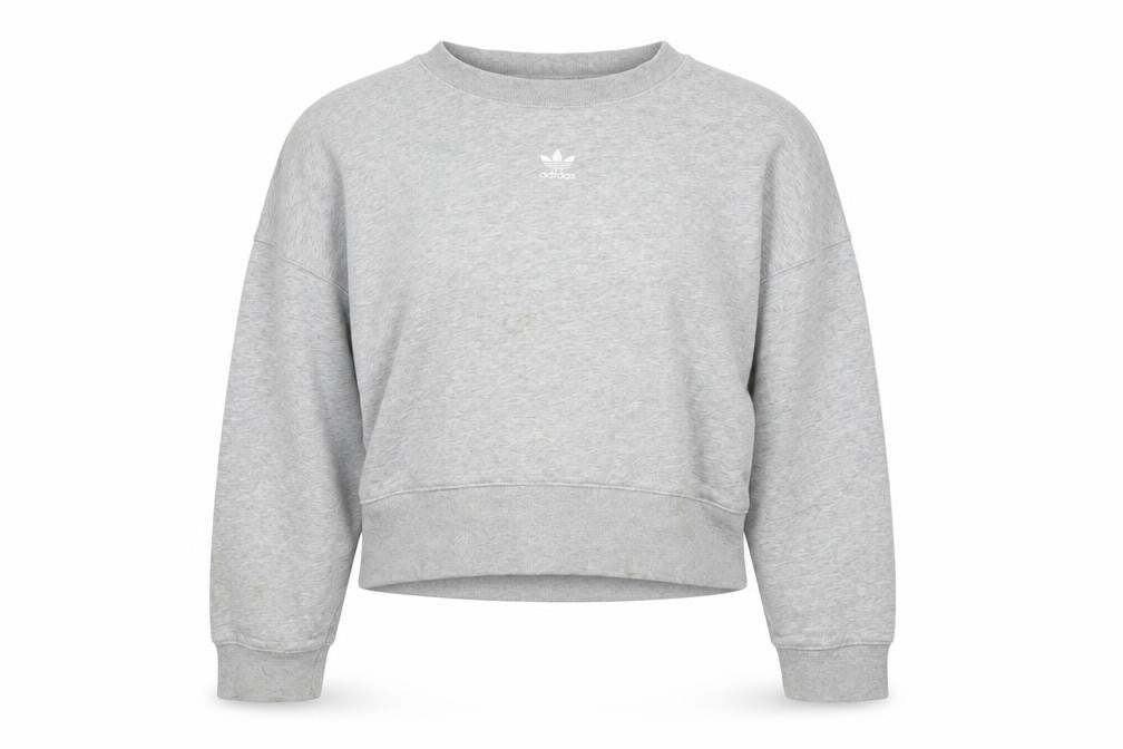 Front view of Adidas Women Grey Cropped Sweatshirt, size 10, Logo Crew Neck Pullover