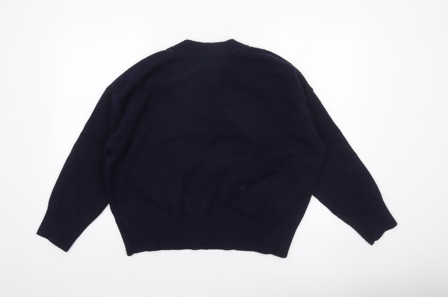 Bershka Women Blue V-Neck Knit Pullover Jumper Size 12