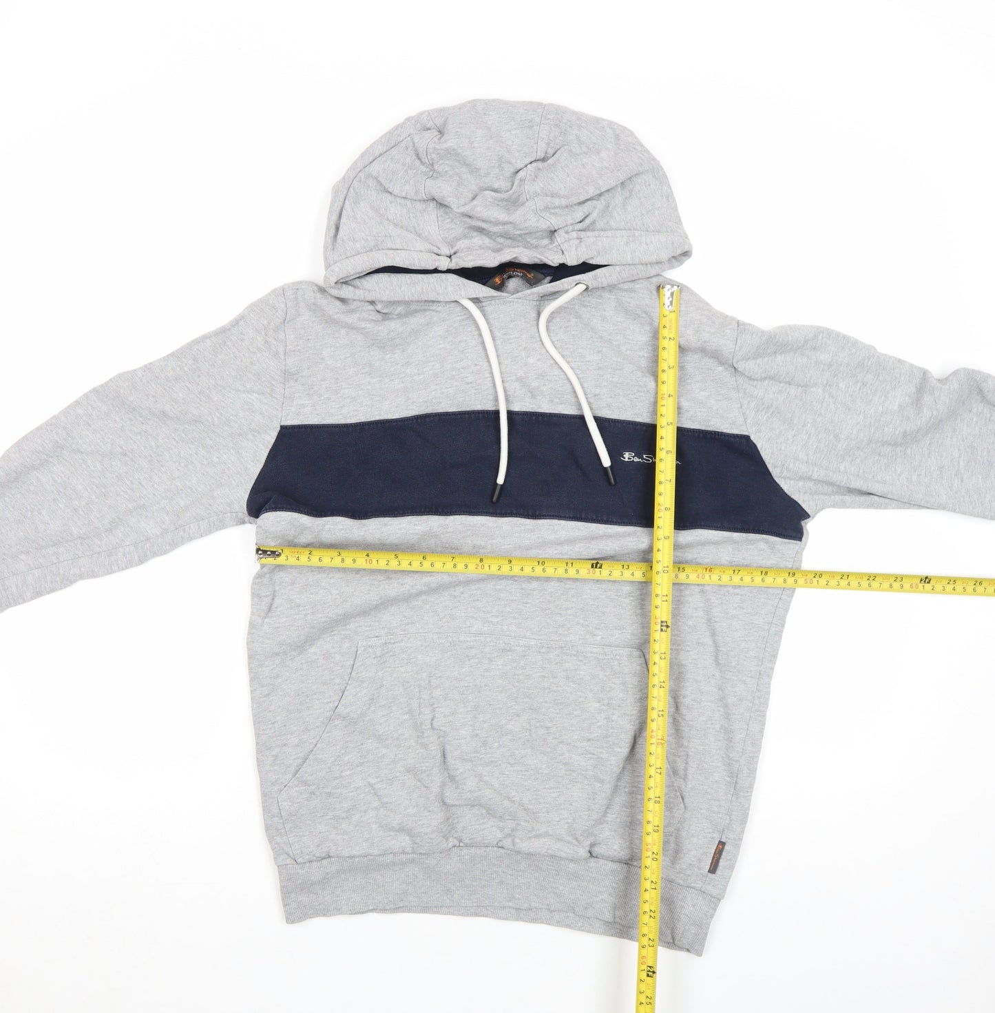 Ben Sherman Mens Grey Pullover Hoodie Size L Drawstring Logo Sweatshirt